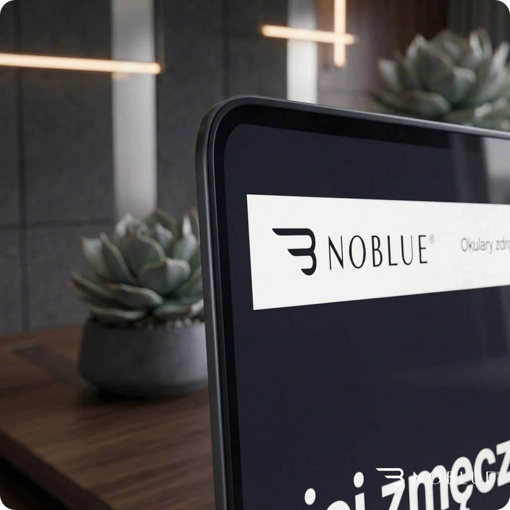 Na obrazie widoczny jest ekran z logo \'NOBLUE\' oraz napisem \'Okulary zdrowia\'. W tle znajdują się rośliny w doniczkach na drewnianym stole.