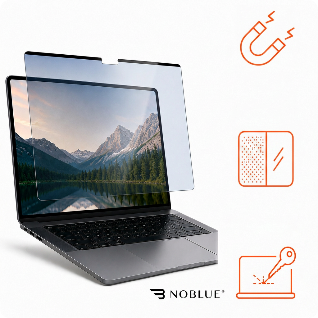 Na obrazie widoczny jest laptop z nałożonym przezroczystym filtrem, a obok znajdują się ikony symbolizujące magnes, ochronę ekranu i odporność na zarysowania. W prawym dolnym rogu widnieje logo \'NOBLUE\'.