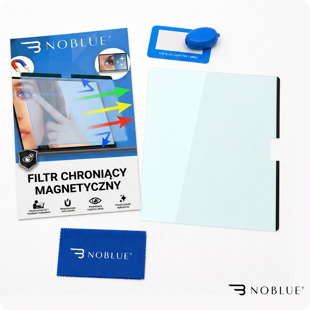 Na obrazie znajduje się zestaw z magnetycznym filtrem światła niebieskiego marki NOBLUE, w skład którego wchodzi filtr, niebieska ściereczka z logo NOBLUE oraz niebieski tester światła. Na opakowaniu widnieje napis \'FILTR CHRONIĄCY MAGNETYCZNY\' oraz ikony przedstawiające ochronę przed UV, magnetyczne mocowanie, powłokę chroniącą oczy i trwałość wykonania.