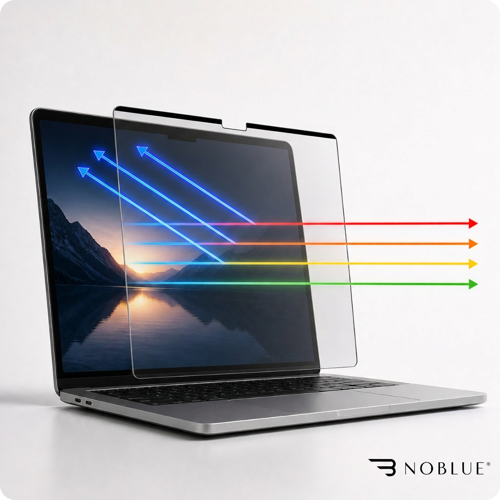 Laptop z nałożonym przezroczystym filtrem, przez który przechodzą kolorowe strzałki symbolizujące różne długości fal światła. W prawym dolnym rogu widoczne jest logo \'NOBLUE\'.