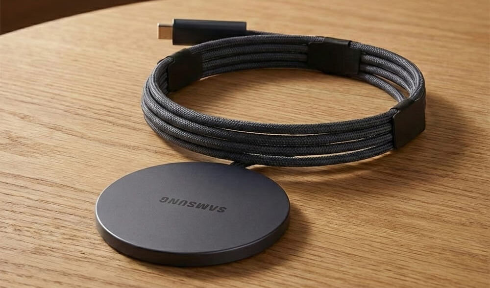Na drewnianym stole leży okrągła ładowarka indukcyjna z napisem \'SAMSUNG\', z dołączonym kablem USB-C owiniętym wokół niej.