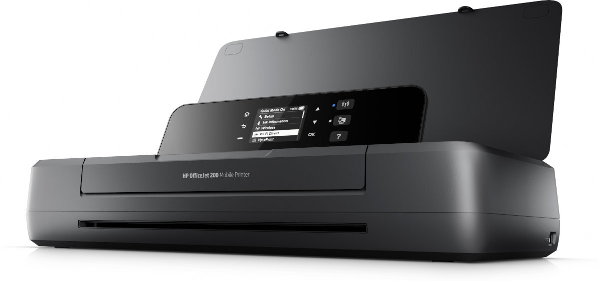 Czarna przenośna drukarka z otwartą pokrywą, na której widoczny jest panel sterowania z wyświetlaczem i przyciskami. Na obudowie znajduje się napis \'HP OfficeJet 200 Mobile Printer\'.
