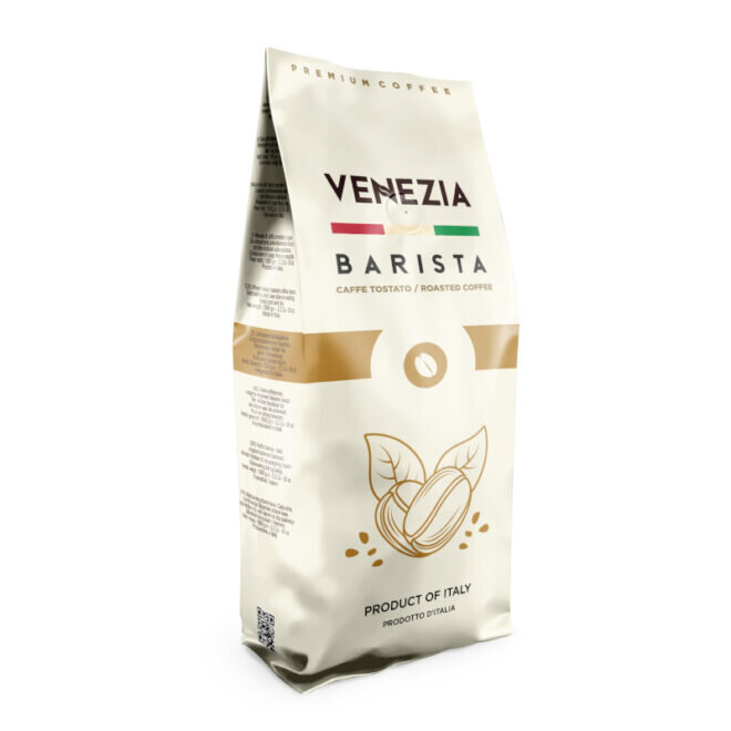 Opakowanie kawy ziarnistej z napisem \'Venezia Barista\' oraz grafiką ziaren kawy. Na opakowaniu widnieje również napis \'Product of Italy\'.