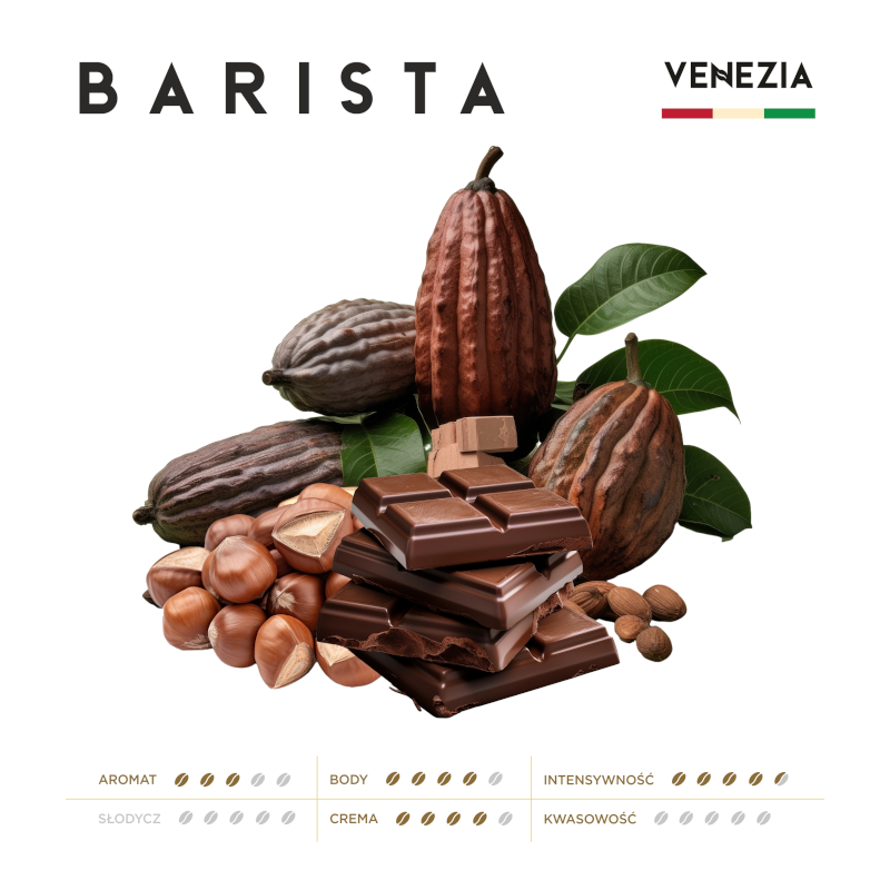 Obraz przedstawia ziarna kakaowca, orzechy laskowe i kawałki czekolady na tle liści. Na górze widnieje napis \'BARISTA\', a po prawej stronie \'VENEZIA\' z włoską flagą.