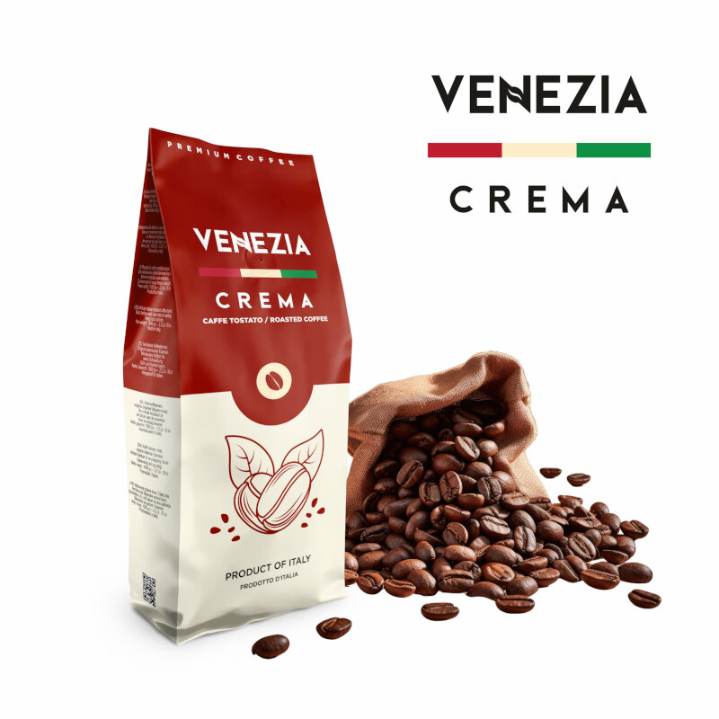 Opakowanie kawy ziarnistej VENEZIA Crema 1kg z widocznym logo i grafiką ziaren kawy. Obok opakowania znajduje się rozsypana kawa ziarnista.