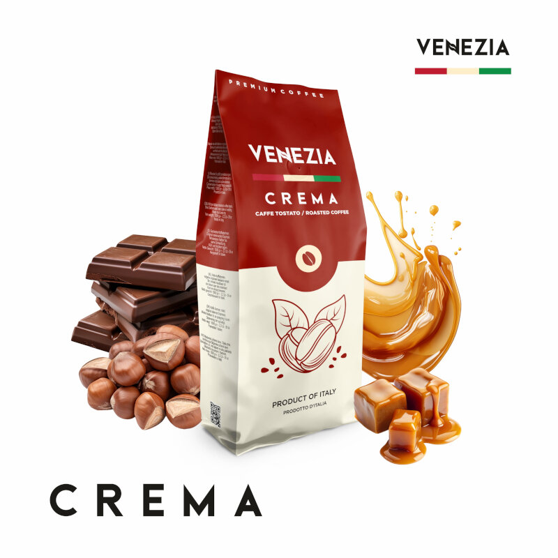 Opakowanie kawy ziarnistej VENEZIA Crema 1kg z widocznymi kawałkami czekolady, orzechami i karmelem. Na opakowaniu znajduje się napis: \'VENEZIA CREMA CAFFÈ TOSTATO / ROASTED COFFEE PRODUCT OF ITALY\'.