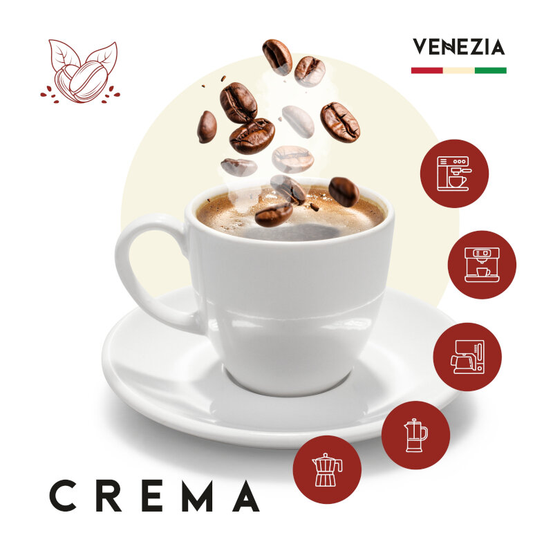 Na obrazie widoczna jest filiżanka kawy z unoszącymi się ziarnami kawy. W tle znajduje się logo \'VENEZIA\' oraz napis \'CREMA\'.