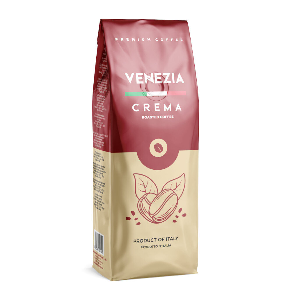 Opakowanie kawy ziarnistej z napisem \'VENEZIA CREMA ROASTED COFFEE\'. Na dole widnieje napis \'PRODUCT OF ITALY PRODOTTO D\'ITALIA\'.