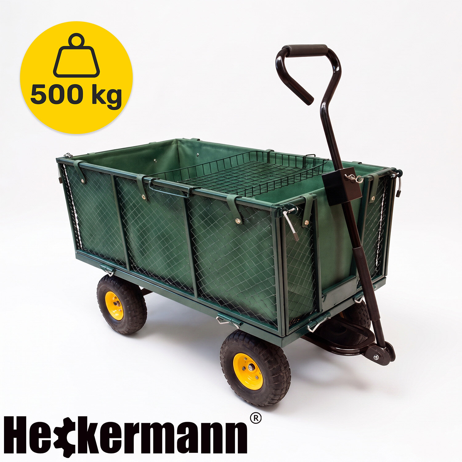 Zielony wózek ogrodowy z metalową ramą i czterema kołami, z uchwytem do prowadzenia. W lewym górnym rogu żółta ikona z napisem \'500 kg\', na dole logo \'Heckermann\'.