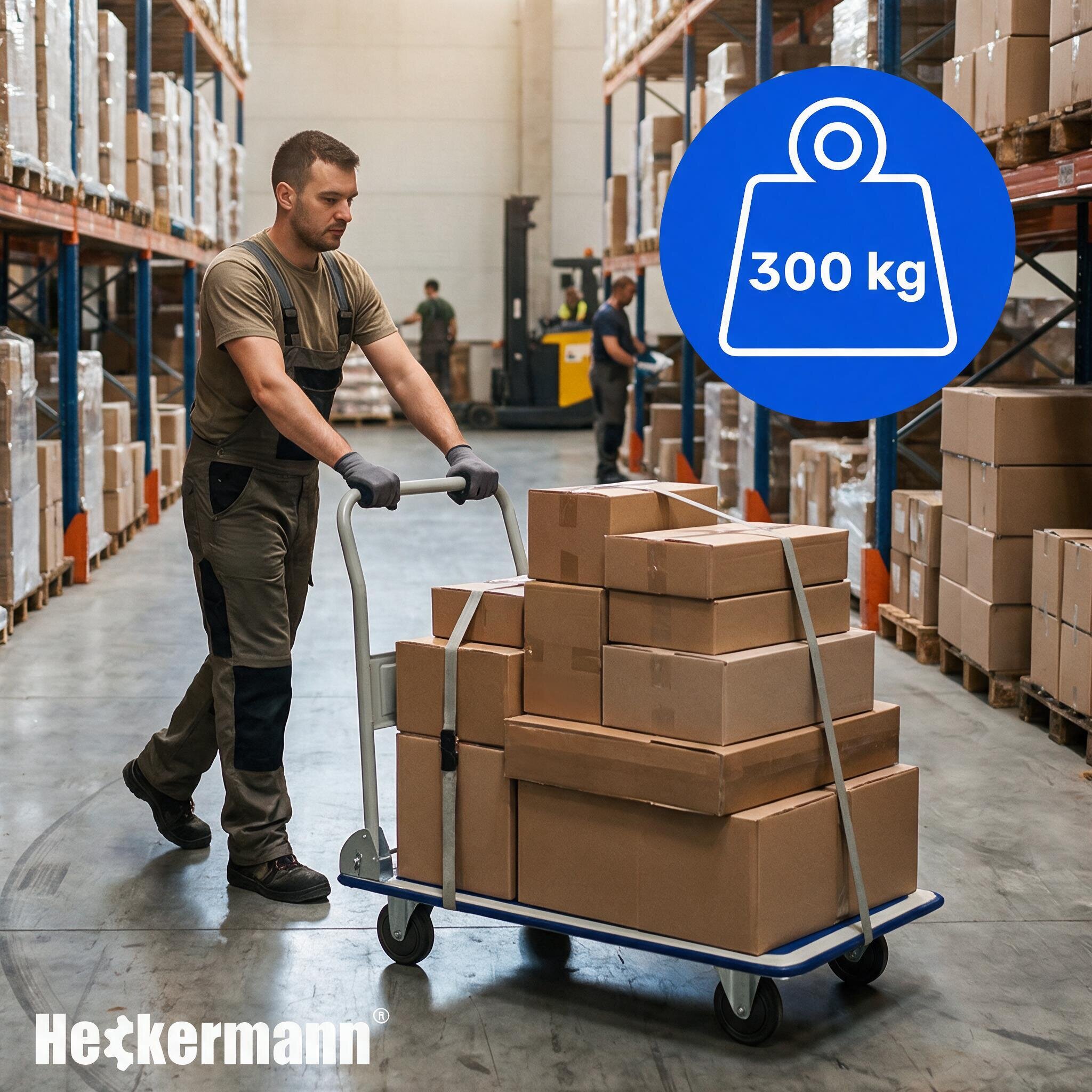 Mężczyzna pcha wózek magazynowy z kilkoma kartonami w magazynie. Na obrazie widoczne jest logo \'Heckermann\' oraz niebieska ikona z napisem \'300 kg\'.