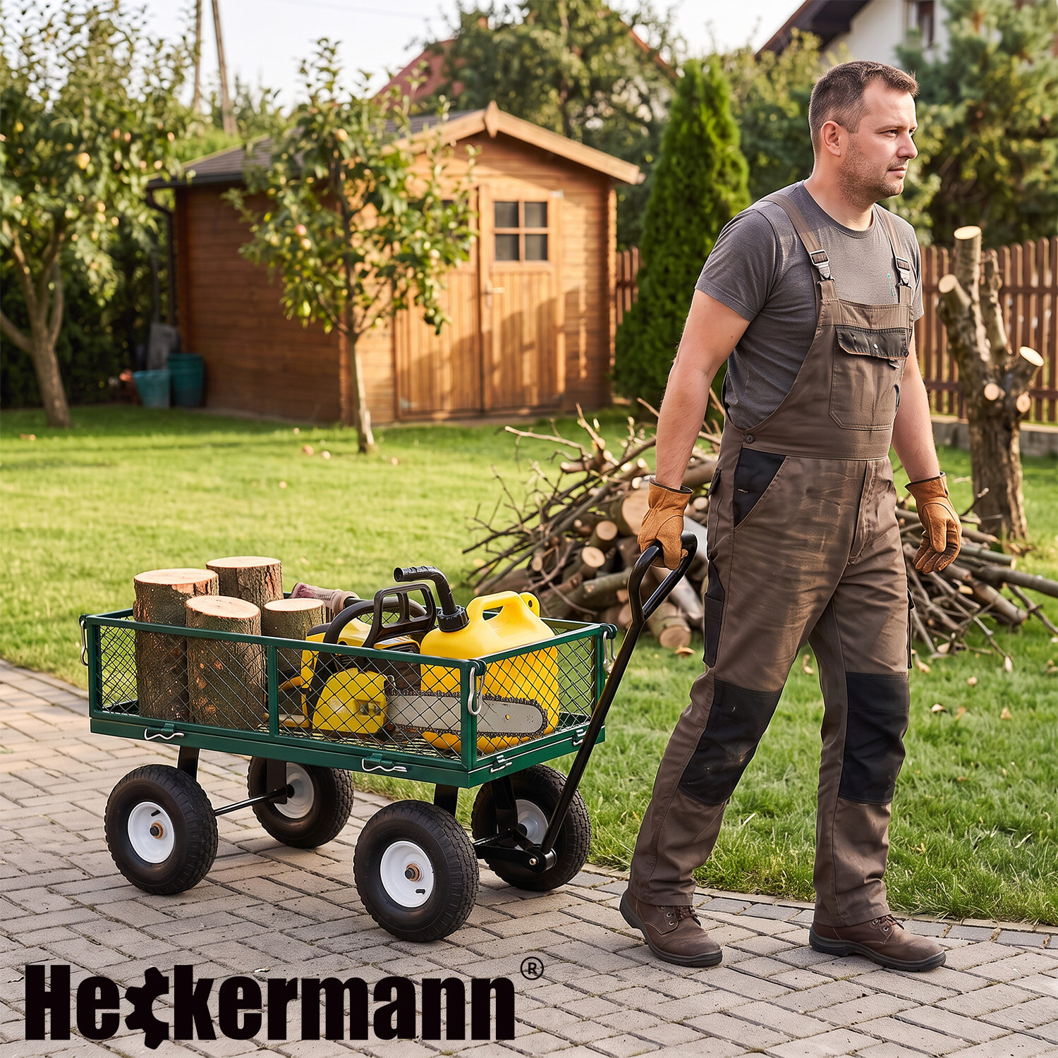 Mężczyzna w ogrodzie ciągnie zielony wózek ogrodowy z drewnem i żółtym kanistrem. Na dole obrazu widoczne jest logo \'Heckermann\'.