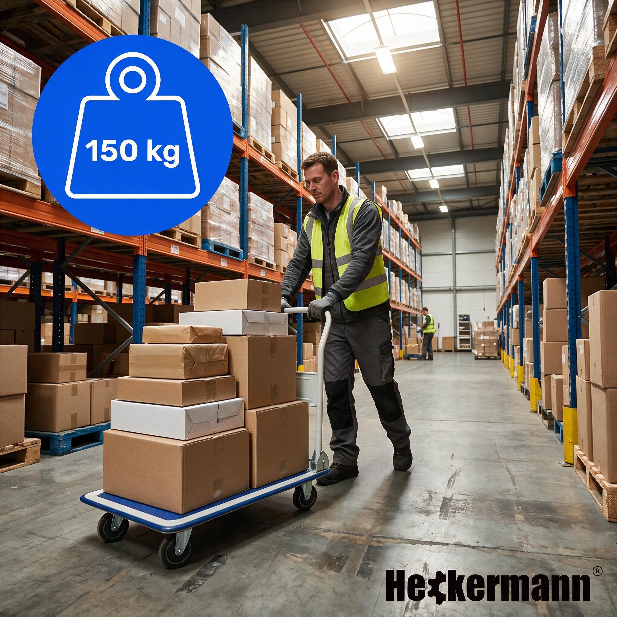 Mężczyzna w kamizelce odblaskowej pcha wózek magazynowy z kilkoma kartonami w magazynie. Na obrazie widoczne jest logo \'Heckermann\' oraz symbol wagi z napisem \'150 kg\'.