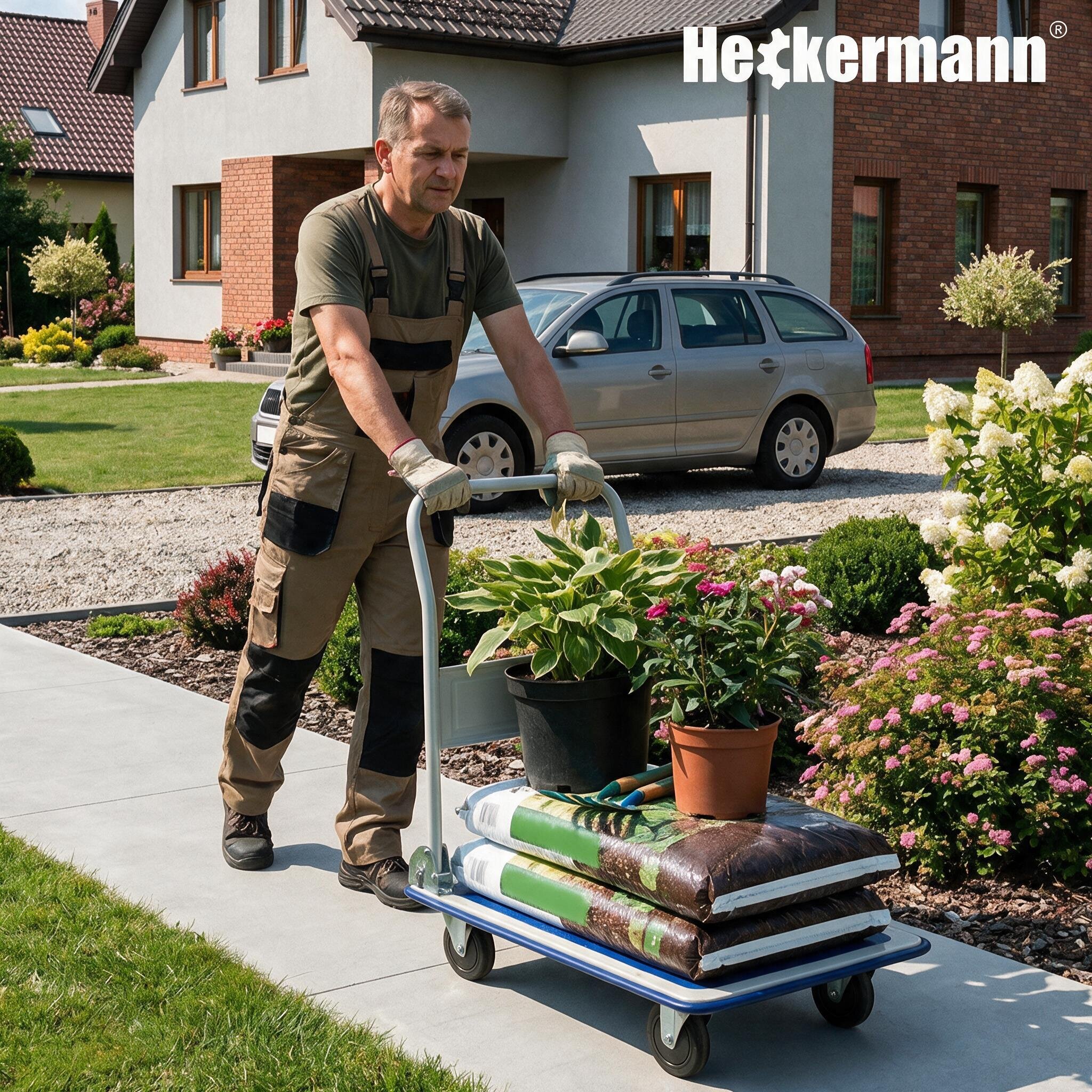 Mężczyzna pcha wózek magazynowy z roślinami i workami ziemi na tle domu i ogrodu. W prawym górnym rogu widoczne jest logo \'Heckermann\'.