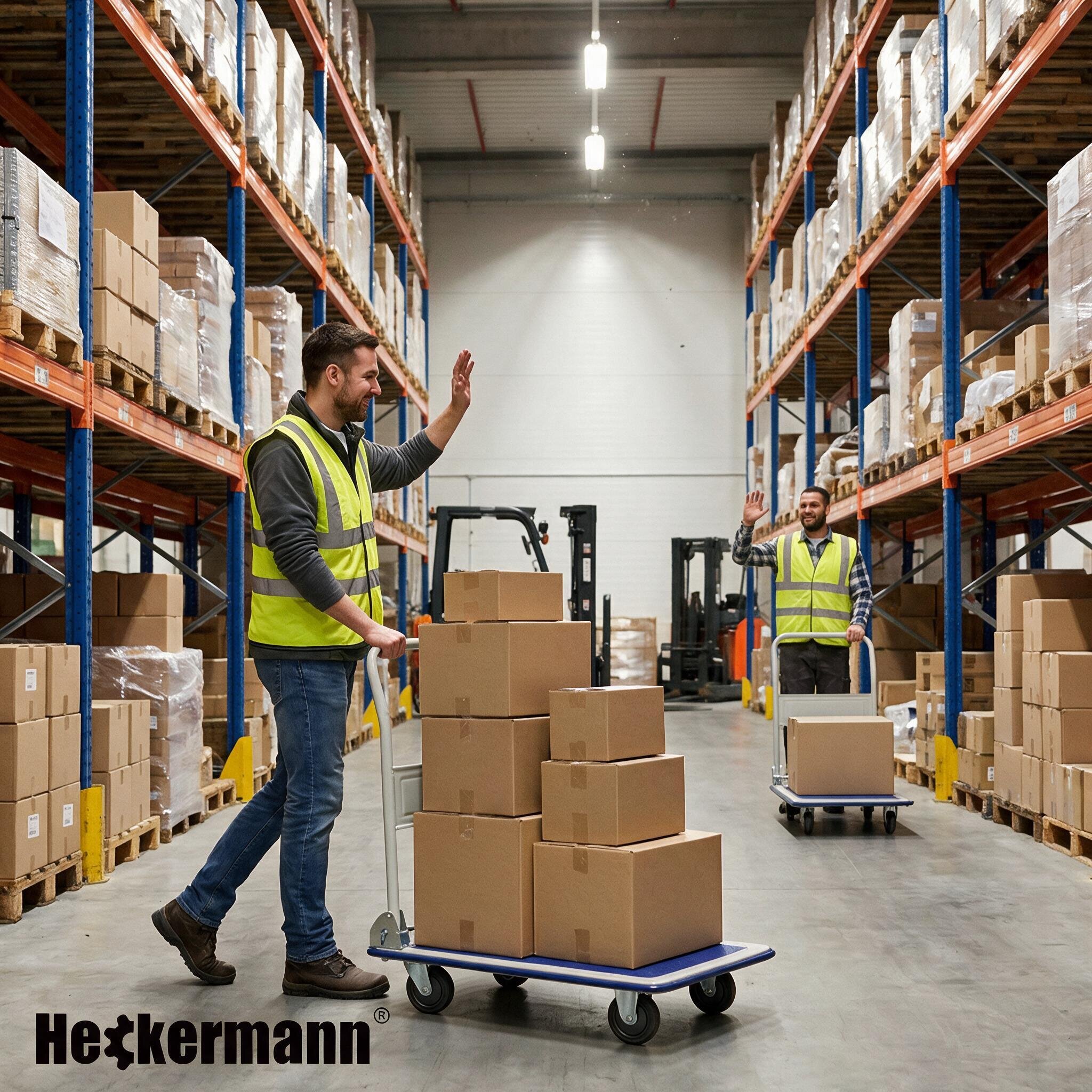 Dwóch mężczyzn w kamizelkach odblaskowych transportuje kartony na niebieskich wózkach magazynowych w dużym magazynie. Na dole obrazu widoczne jest logo \'Heckermann\'.