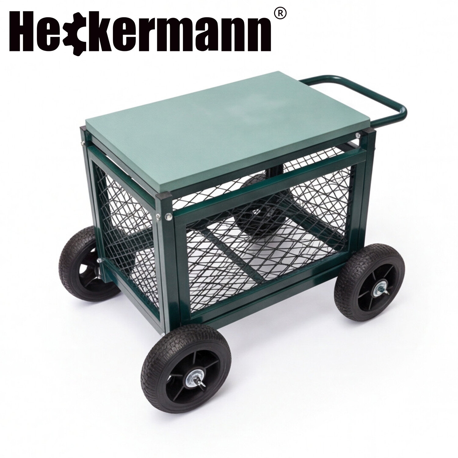 Na obrazie widoczny jest zielony wózek ogrodowy z metalową siatką i czterema czarnymi kołami. W górnej części obrazu znajduje się logo \'Heckermann\'.