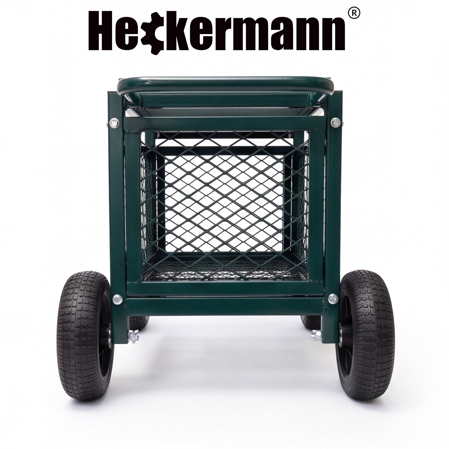 Na obrazie widoczny jest zielony wózek ogrodowy z metalową siatką i czterema kołami. Nad wózkiem znajduje się logo \'Heckermann\'.