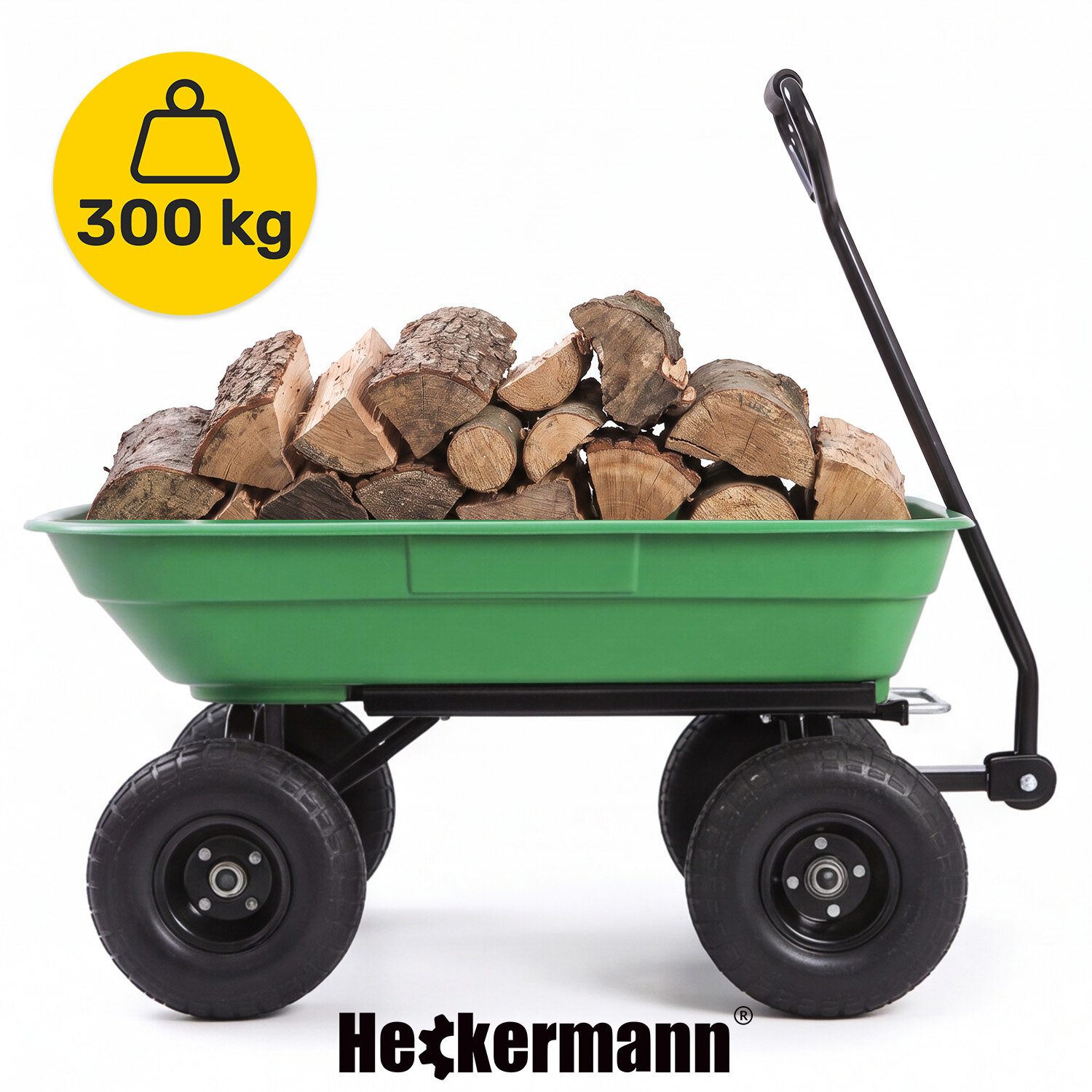 Zielony wózek ogrodowy z czterema kołami, wypełniony kawałkami drewna. Obok widać żółtą ikonę z symbolem wagi i napisem \'300 kg\', a na dole logo \'Heckermann\'.