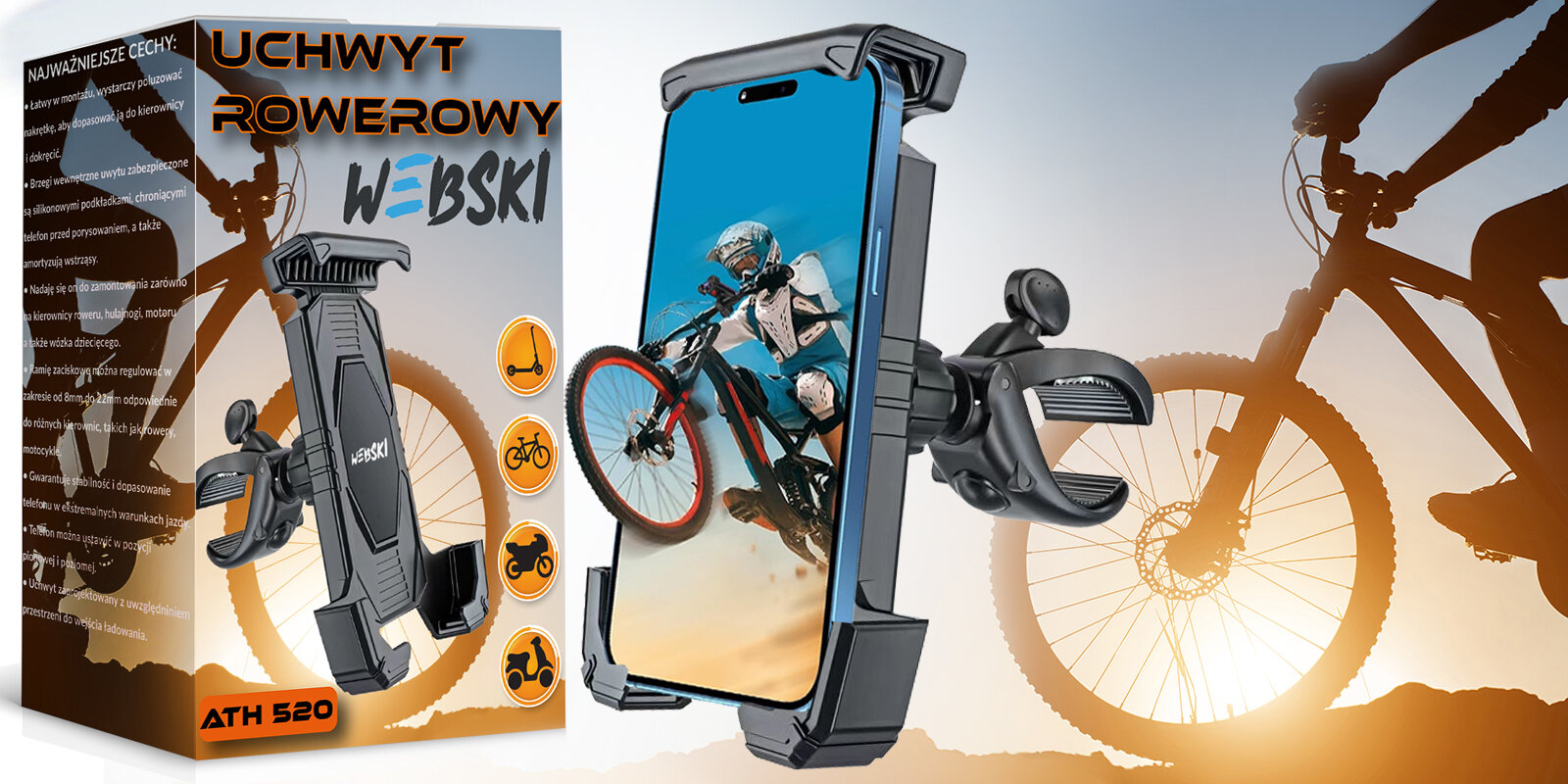 Obraz przedstawia uchwyt na telefon ATH-520 zamontowany na kierownicy roweru, z opakowaniem obok. Na opakowaniu widnieje napis \'UCHWYT ROWEROWY WEBSKI\' oraz \'ATH 520\'.