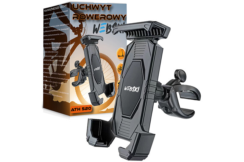 Na obrazie widoczny jest czarny uchwyt na telefon z napisem \'WEBSKI\', przeznaczony do montażu na kierownicy. W tle znajduje się opakowanie z grafiką roweru i tekstem \'UCHWYT ROWEROWY WEBSKI ATH 520\'.