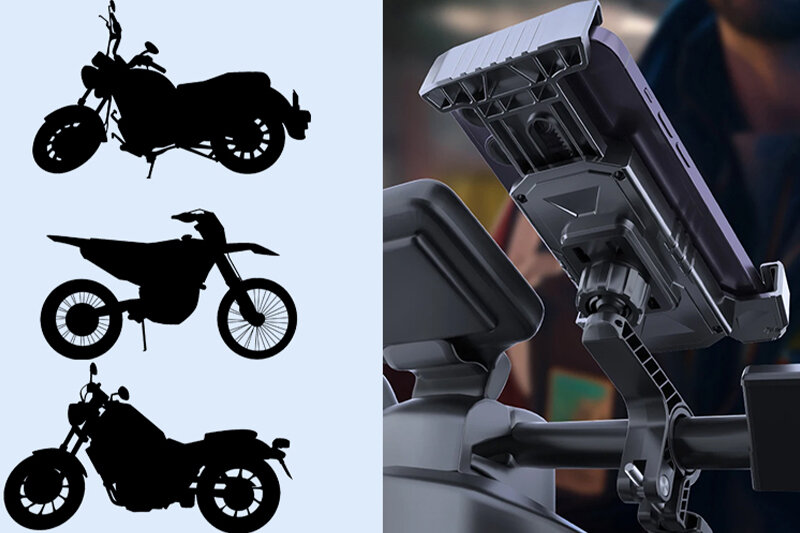 Po lewej stronie widoczne są trzy sylwetki motocykli, a po prawej uchwyt na telefon zamontowany na kierownicy pojazdu.