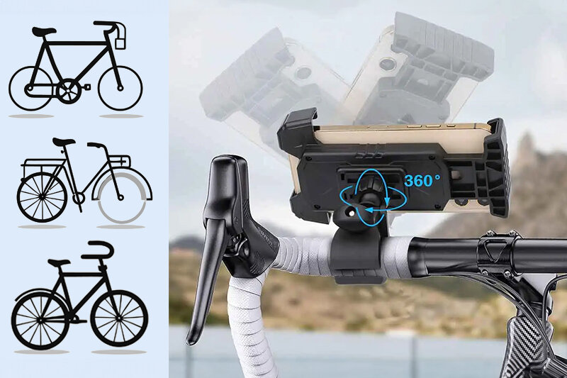 Obraz przedstawia uchwyt na telefon zamontowany na kierownicy roweru, z możliwością obrotu o 360 stopni. Po lewej stronie widoczne są ikony trzech różnych typów rowerów.