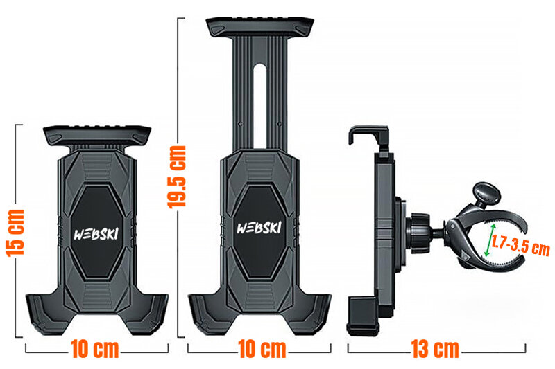 Obraz przedstawia mocny uchwyt na telefon z logo \'WEBSKI\', z wymiarami 15 cm i 19,5 cm wysokości oraz 10 cm szerokości. Uchwyt posiada regulowany zacisk o średnicy 1,7-3,5 cm i długości 13 cm.