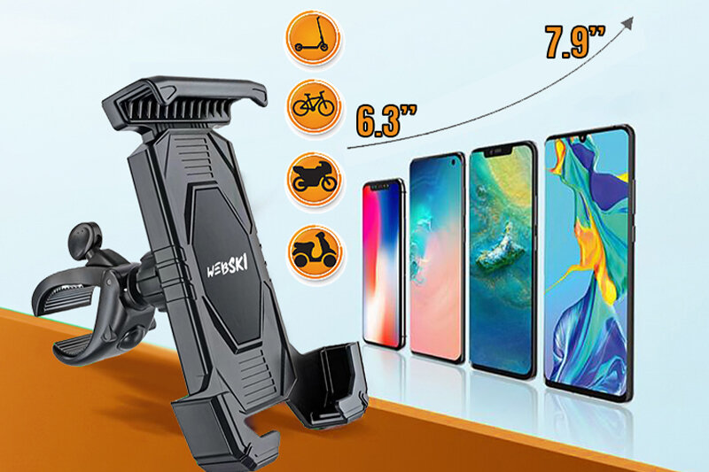 Czarny uchwyt na telefon z logo \'WEBSKI\', przeznaczony do montażu na kierownicy roweru, hulajnogi lub skutera. Obok uchwytu widoczne są ikony pojazdów oraz cztery smartfony z oznaczeniami rozmiarów 6.3\'\' i 7.9\'\'.