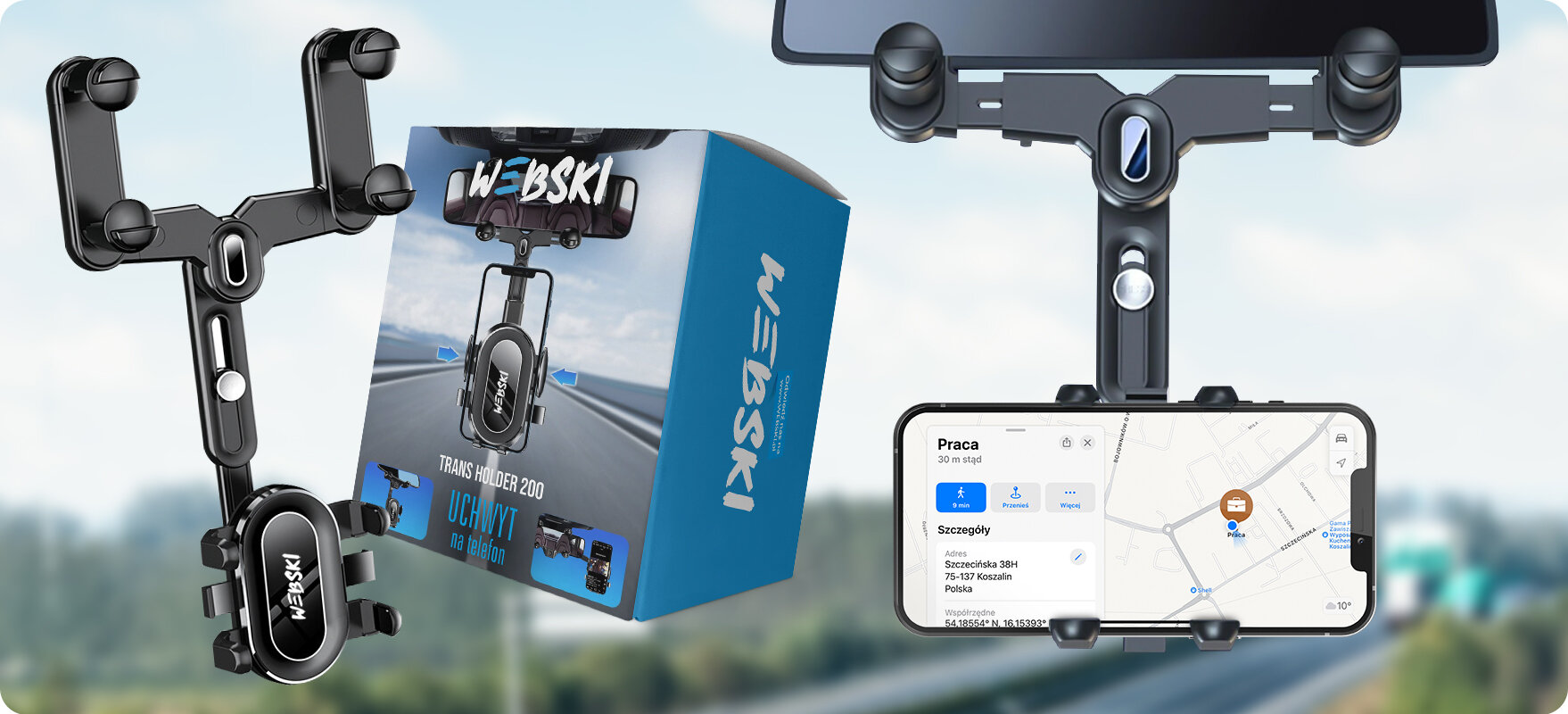 Obraz przedstawia uchwyt samochodowy na lusterko wsteczne z zamocowanym telefonem, na którym wyświetlana jest mapa. Obok znajduje się pudełko z napisem \'WEBSKI TRANS HOLDER 200 UCHWYT NA LUSTERKO\'.