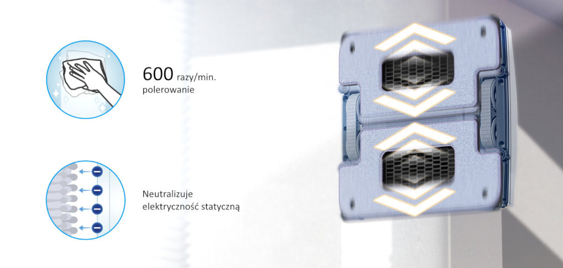 Obraz przedstawia urządzenie do mycia okien z widocznymi strzałkami wskazującymi ruch. Obok znajdują się ikony z tekstem: \'600 razy/min. polerowanie\' oraz \'Neutralizuje elektryczność statyczną\'.
