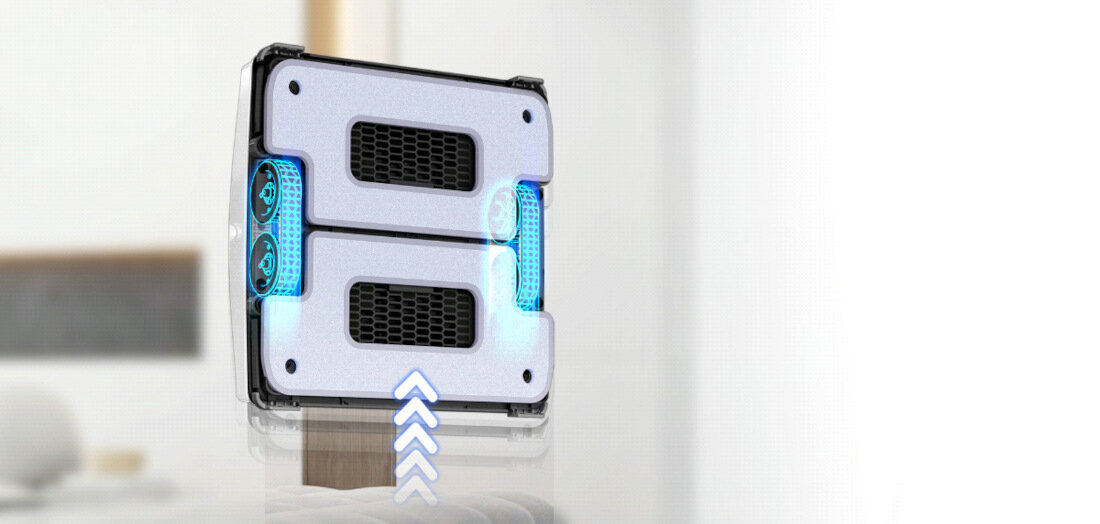 Na obrazie widoczny jest kwadratowy robot do mycia okien z białą obudową i niebieskimi światłami. Pod robotem znajdują się niebieskie strzałki skierowane w górę.