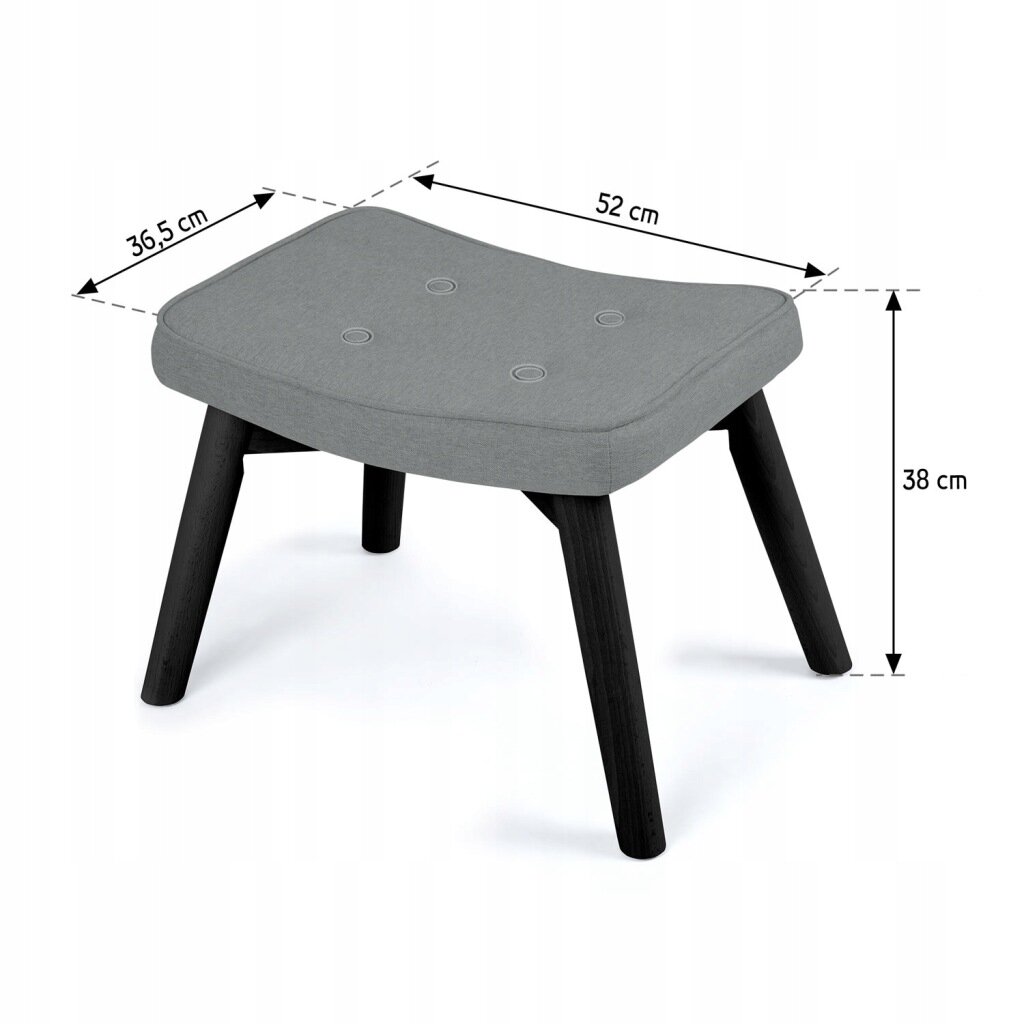 Szary podnóżek tapicerowany z czterema czarnymi nogami, o wymiarach 52 cm szerokości, 36,5 cm głębokości i 38 cm wysokości. Na siedzisku widoczne są cztery okrągłe przeszycia.