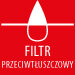 Czerwony kwadrat z białym symbolem kropli i poziomą linią. Pod spodem napis \'FILTR PRZECIWTŁUSZCZOWY\'.