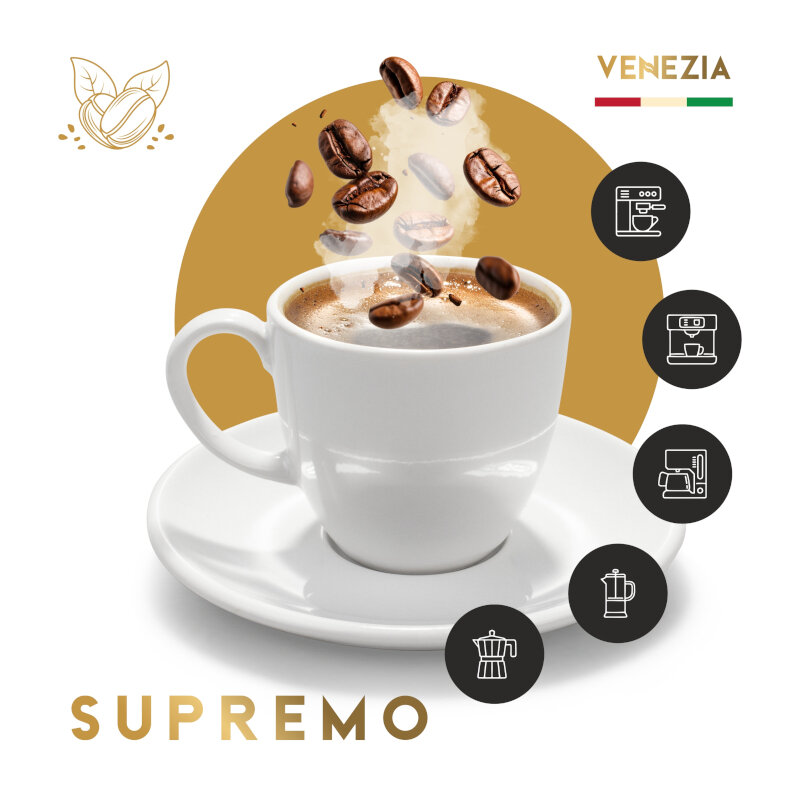 Obraz przedstawia filiżankę kawy z unoszącymi się nad nią ziarnami kawy. Widoczne są napisy \'VENEZIA\' oraz \'SUPREMO\', a także ikony ekspresów do kawy.
