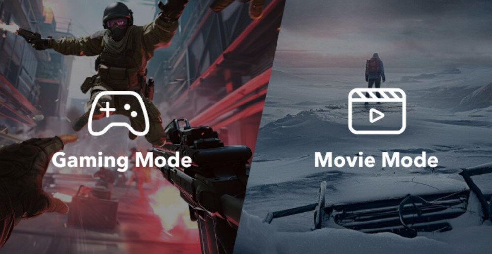 Obraz podzielony na dwie części: po lewej stronie widoczna jest scena z gry z napisem \'Gaming Mode\' i ikoną kontrolera, po prawej stronie scena zimowa z napisem \'Movie Mode\' i ikoną kliszy filmowej.