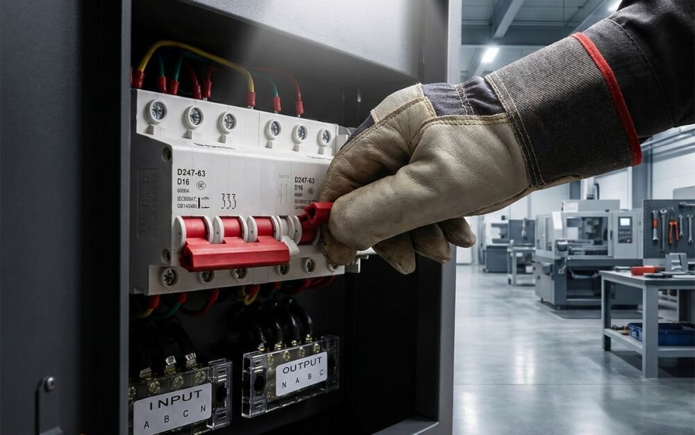 Osoba w rękawicy ochronnej obsługuje panel elektryczny z widocznymi przełącznikami i oznaczeniami \'D247-63\' oraz \'OUTPUT\'. W tle znajduje się przestrzeń przemysłowa z maszynami.