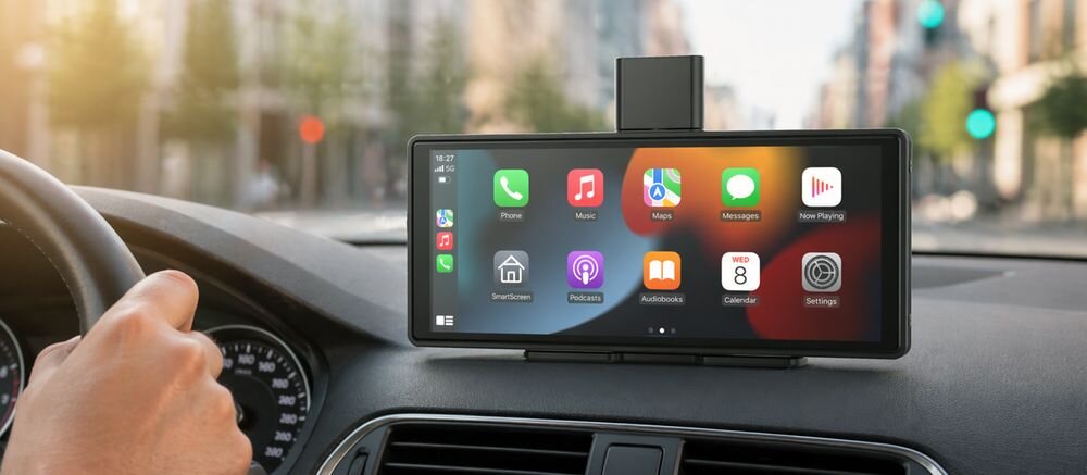 Na desce rozdzielczej samochodu zamontowany jest tablet z wyświetlaczem, na którym widoczne są ikony aplikacji takich jak Phone, Music, Maps, Messages, Now Playing, Home, Recents, Web, Assistant, Calendar i Settings. W tle widać rękę na kierownicy oraz rozmyty widok ulicy.