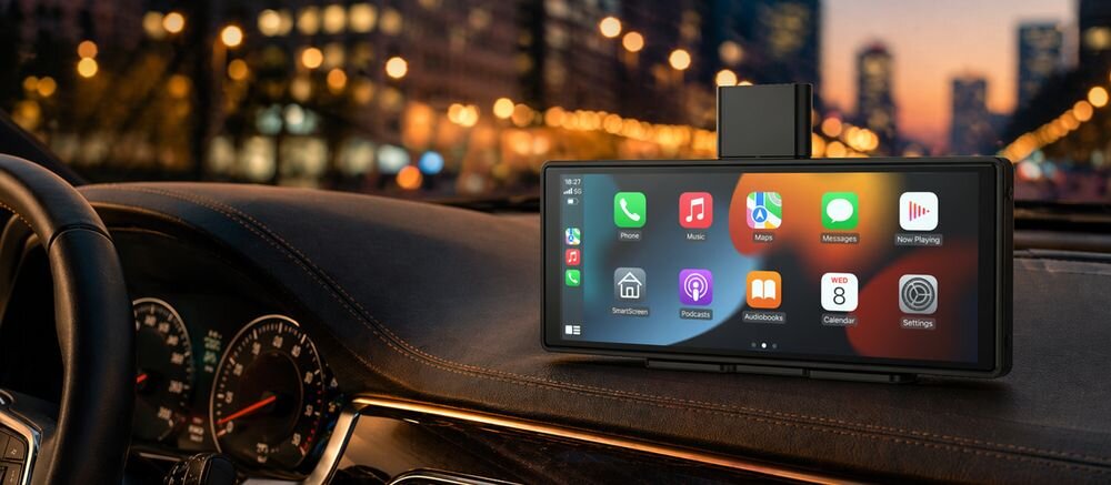 Na desce rozdzielczej samochodu znajduje się tablet z wyświetlaczem, na którym widoczne są ikony aplikacji takich jak Telefon, Muzyka, Wiadomości, Mapy, Kalendarz i Ustawienia. W tle widać rozmyte światła miasta nocą.