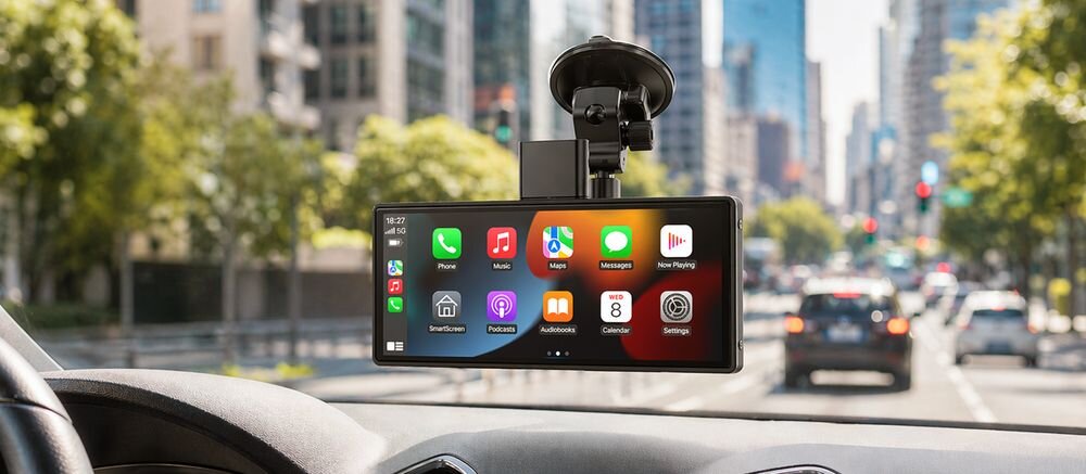 Wnętrze samochodu z zamontowanym na przedniej szybie tabletem, na którym widoczne są ikony aplikacji takich jak Telefon, Muzyka, Mapy, Wiadomości, Podcasty i Ustawienia. W tle widać ulicę z jadącymi samochodami i budynkami.