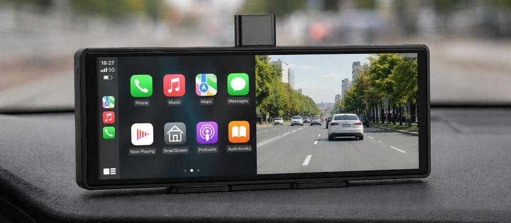 Na desce rozdzielczej samochodu zamontowany jest szeroki ekran, na którym po lewej stronie widoczne są ikony aplikacji, takie jak Phone, Music, Maps, Messages, Now Playing, SmartScreen, Podcasts i Audiobooks. Po prawej stronie ekranu wyświetlany jest obraz z kamery przedstawiający drogę z samochodami i drzewami po bokach.