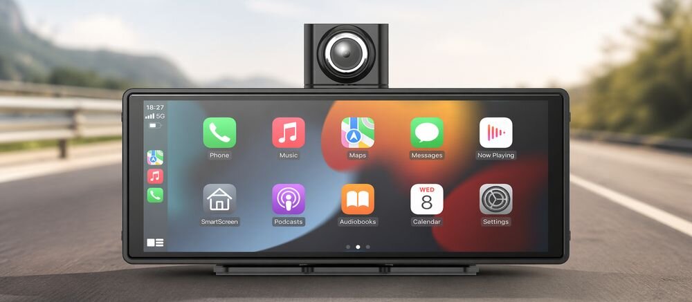 Samochodowy tablet z dużym ekranem wyświetla aplikacje takie jak Phone, Music, Maps, Messages, Now Playing, SmartScreen, Podcasts, Audiobooks, Calendar i Settings. W tle widoczna jest rozmyta droga i krajobraz.