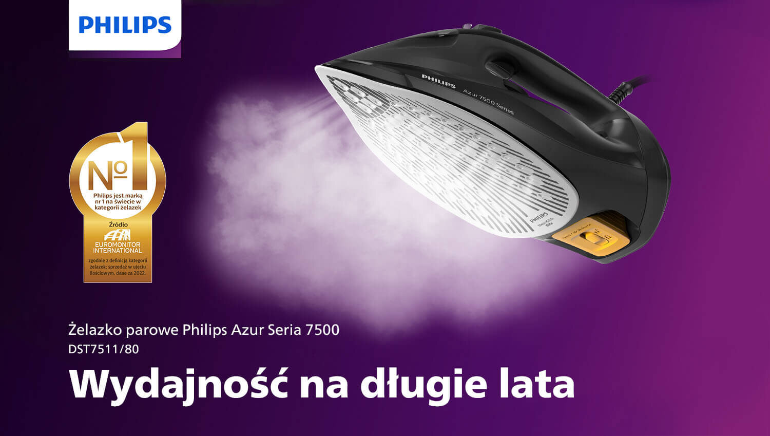 Na fioletowym tle widoczne jest żelazko parowe z napisem \'PHILIPS\' oraz wydobywającą się parą. Obok znajduje się tekst: \'Żelazko parowe Philips Azur Seria 7500 DST7511/80 Wydajność na długie lata\'.