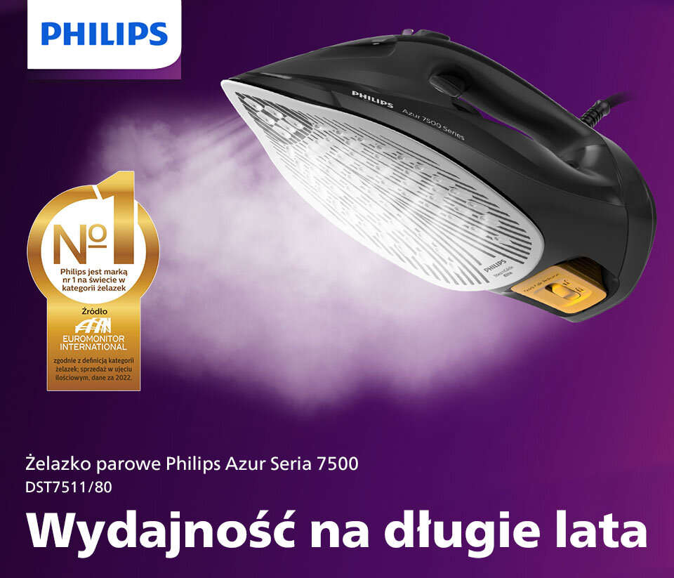 Obraz przedstawia żelazko parowe marki PHILIPS z serii Azur 7500, model DST7511/80, emitujące parę. Widoczny jest również złoty medal z napisem \'Philips jest marka nr 1 na świecie w kategorii żelazek\' oraz tekst \'Wydajność na długie lata\'.