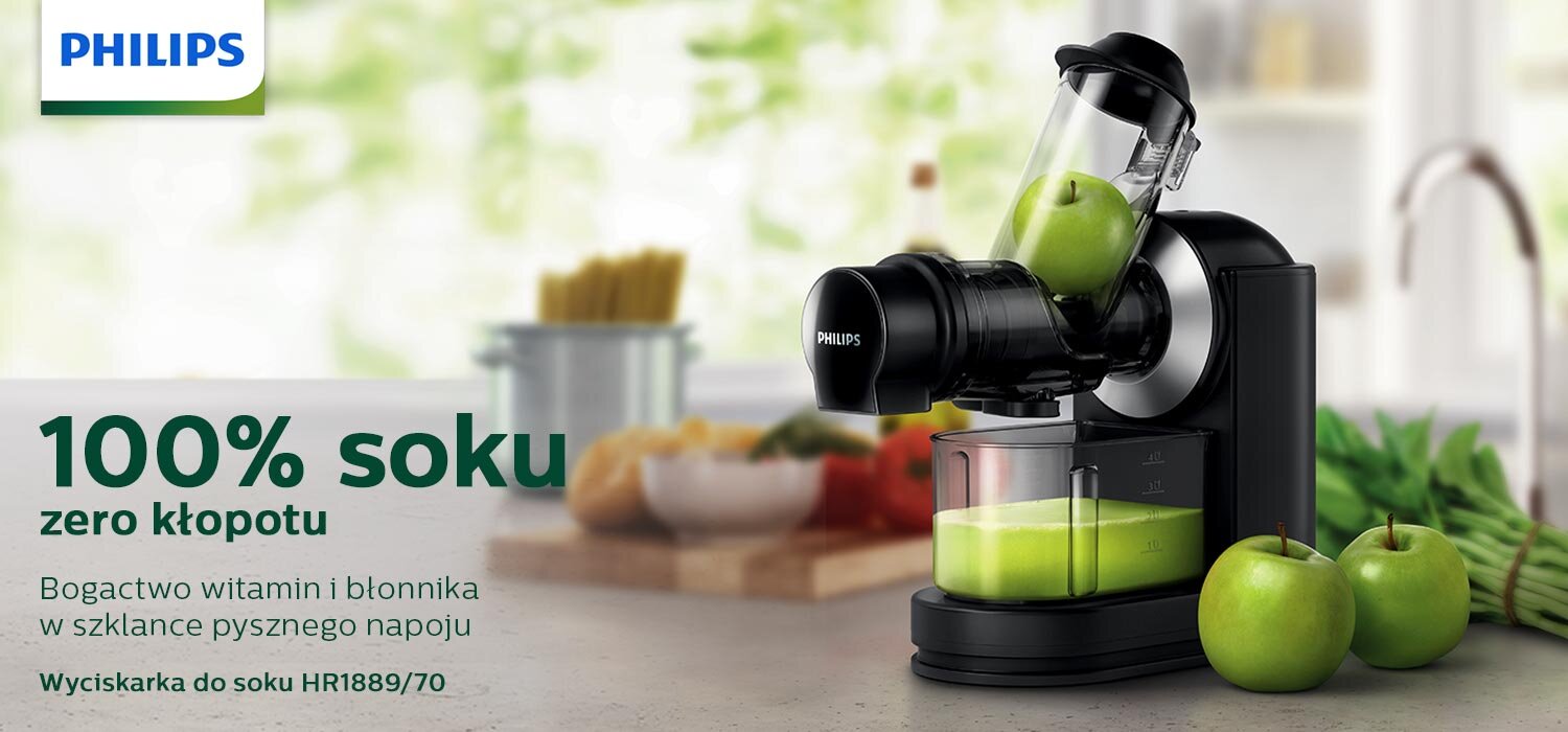 Na obrazie znajduje się wyciskarka wolnoobrotowa z logo PHILIPS, obok której leżą zielone jabłka. Widoczny jest tekst: \'100% soku zero kłopotu Bogactwo witamin i błonnika w szklance pysznego napoju Wyciskarka do soku HR1889/70\'.