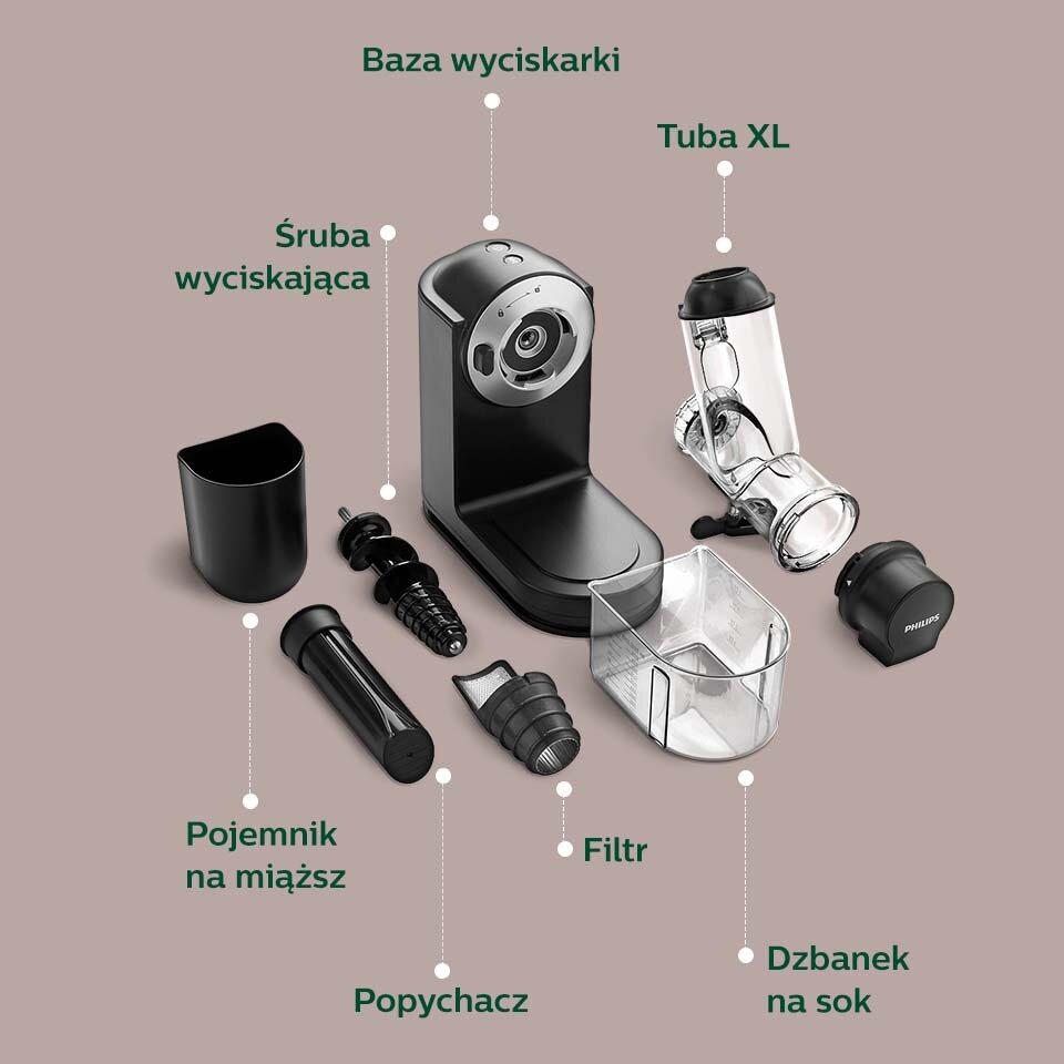 Na obrazie widoczne są części wyciskarki wolnoobrotowej, w tym baza wyciskarki, tuba XL, śruba wyciskająca, pojemnik na miąższ, popychacz, filtr oraz dzbanek na sok. Każdy element jest opisany tekstem wskazującym jego funkcję.