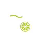 Ikona przedstawia biały kontur szklanki z zielonym płynem i słomką oraz plasterkiem limonki na czarnym tle.