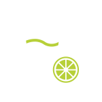 Ikona przedstawia biały kontur szklanki z zielonym płynem i słomką oraz plasterkiem limonki na czarnym tle.