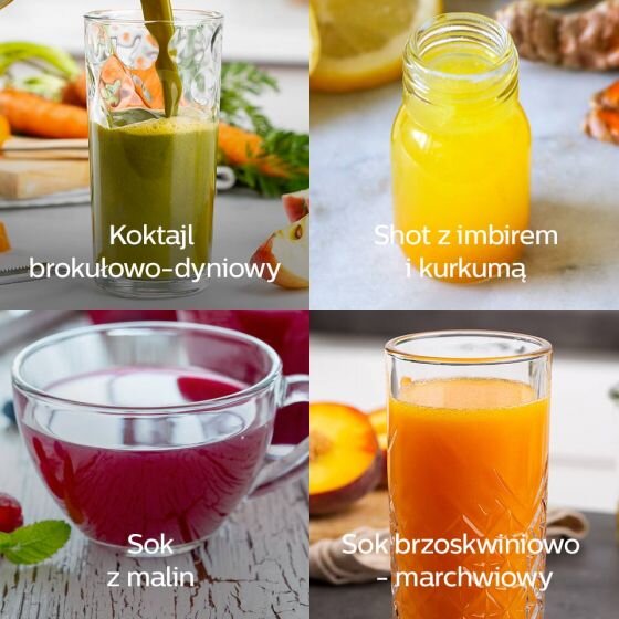 Cztery różne napoje w szklankach i butelce: koktajl brokułowo-dyniowy, shot z imbirem i kurkumą, sok z malin, sok brzoskwiniowo-marchewkowy.
