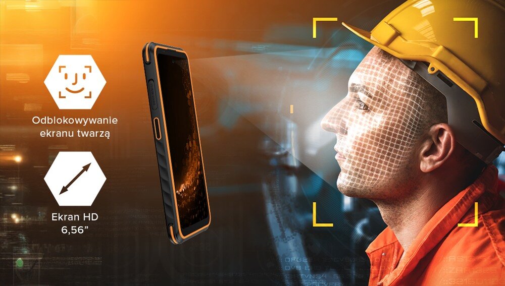 Obraz przedstawia smartfon z pomarańczową obudową oraz mężczyznę w kasku patrzącego na ekran. Obok telefonu znajdują się ikony z tekstem: \'Odblokowywanie ekranu twarzą\' i \'Ekran HD 6,56\