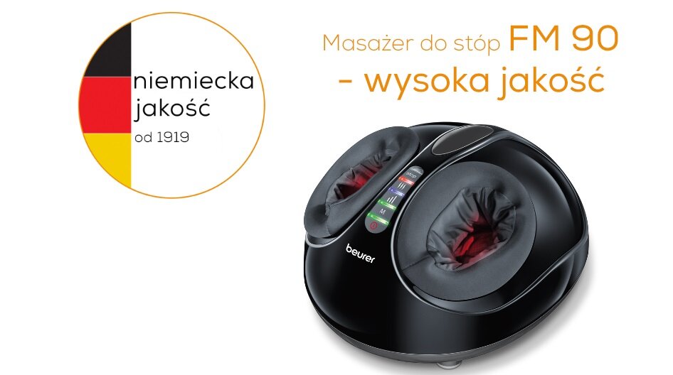 Obraz przedstawia masażer do stóp z napisem \'beurer\' na czarnej powierzchni. Obok znajduje się tekst: \'Masażer do stóp FM 90 - wysoka jakość\' oraz okrągłe logo z napisem \'niemiecka jakość od 1919\'.