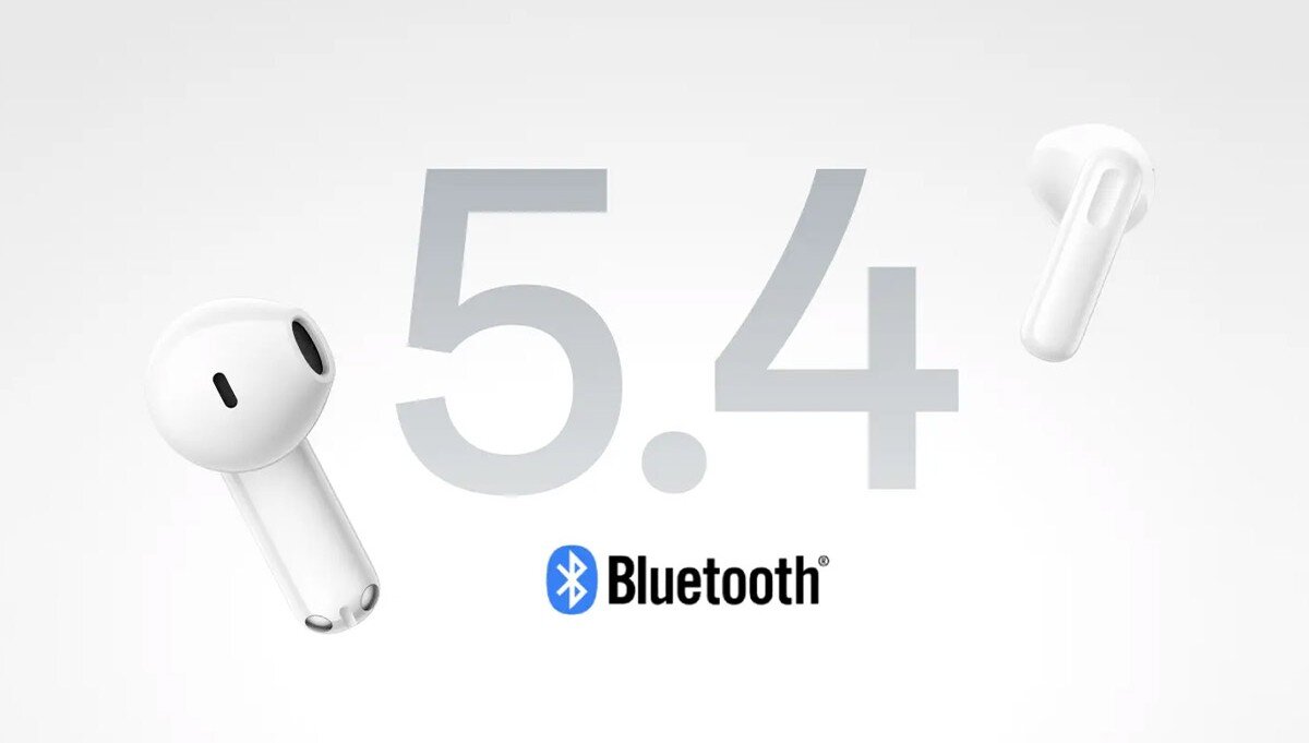 Na obrazie widoczne są białe słuchawki douszne oraz duży napis \'5.4\' i logo \'Bluetooth\'.